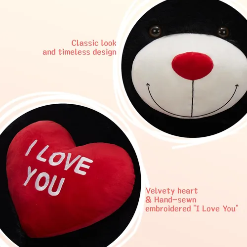 Vista 3 de BENINY Osos de peluche grandes en forma de corazón rojo, osos de peluche negros con bordado "Te quiero" para novia, osos de peluche grandes