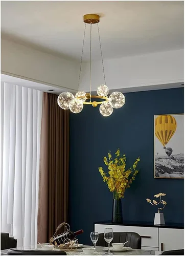 Vista 2 de Candelabros LED, lámparas de araña LED modernas de color dorado/negro con luces LED de cristal transparente, con forma de estrella para sala
