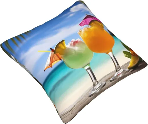 Vista 2 de Funda de almohada cuadrada suave con estampado de bebidas tropicales, para decoración del hogar, sala de estar, cama, sofá automóvil, 20 x 20