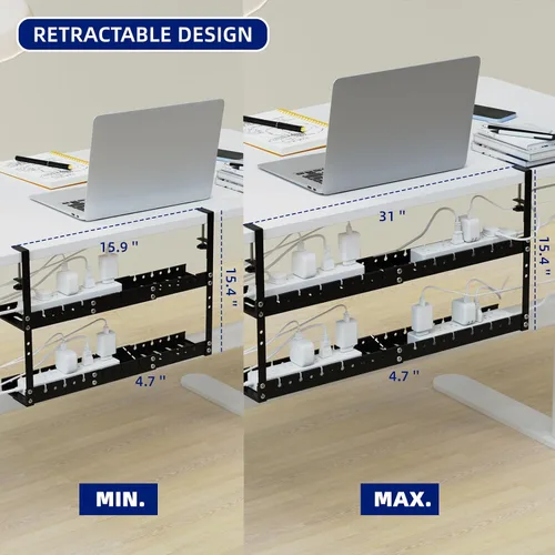 Vista 4 de Bandeja extensible de 31 pulgadas para organizar cables debajo del escritorio, bandeja de gestión de cables de metal debajo del escritorio