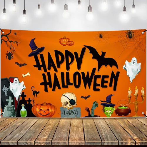 Vista 8 de KatchOn Pancarta extragrande de Feliz Halloween, 72 x 44 pulgadas, telón de fondo espeluznante, decoraciones de fiesta naranja y negro, pancarta