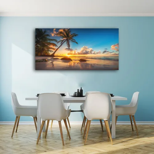 Vista 5 de Aibonnly - Pintura en lienzo de arte de pared, atardecer en una playa tropical con palmeras, 1 pieza, cielo azul, océano, vista al mar, póster