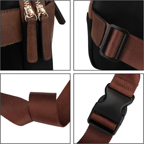 Vista 5 de Uromee Riñoneras para mujer Everywhere bolsa cruzada con correa ajustable de cuero vegano, negro con café, Casual