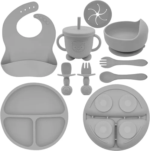 Vista 8 de Juego de Alimentación de Silicona para Bebés Suministros de Destete Dirigido por el Bebé Incluye Tazones con Ventosa y Platos Divididos, Babero