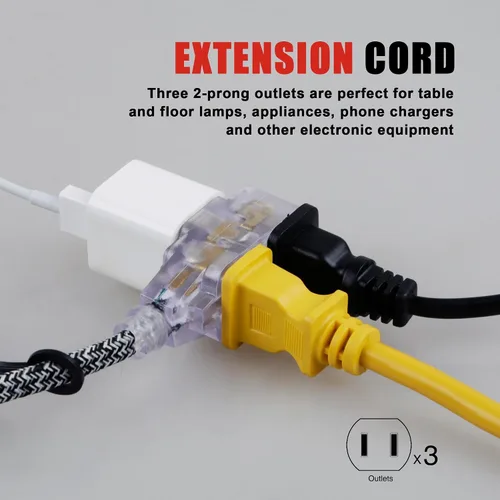 Vista 5 de Paquete de 2 cables de extensión de 10 pies, cable trenzado de 3 salidas, cable de calibre 16 SPT-2, protector de manipulación de múltiples salidas