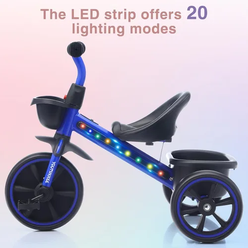 Vista 2 de Triciclo para niños con luces LED coloridas para niños pequeños de 1 a 3 años, diseño estable de 3 ruedas y canasta de almacenamiento para paseos