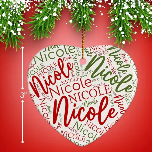 Vista 4 de Adornos de Navidad personalizados de corazón, adorno de cerámica con palabra de nube de nombre, 3 pulgadas, decoraciones personalizadas para árbol