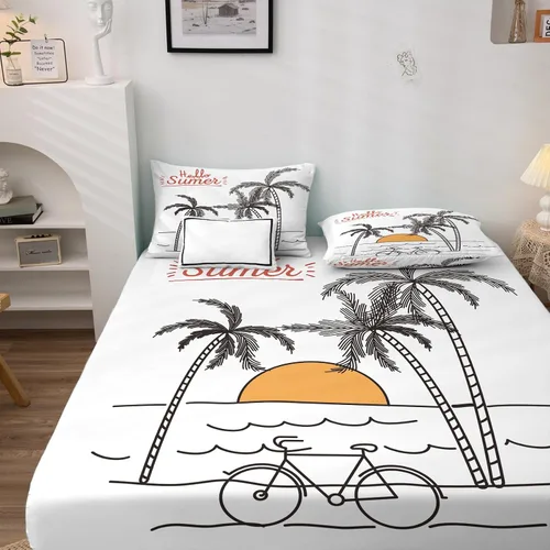 Vista 2 de Juego de sábanas de 3 piezas con estampado de palmeras oceánicas y fundas de almohada, tamaño individual, sábana bajera ajustable de microfibra