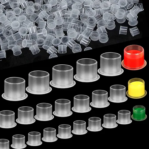 Vista 8 de Yuelong - 1000 tapas de tinta para tatuajes pequeñas, tapas de pigmento de plástico, vasos desechables para tatuajes con tamaños de base de 0.433 in