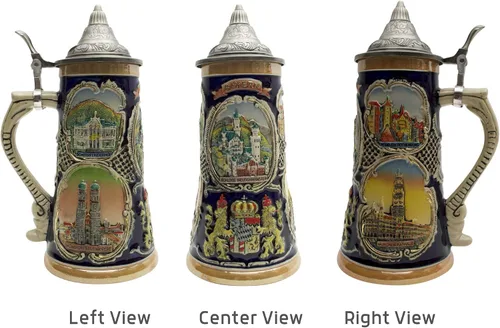 Vista 4 de Essence of Europe Gifts Jarra de cerveza alemana con tapa de 1 litro – Neuschwanstein Village Scenes Beer Steins Mug – Jarra Cervecera Alemana Stein