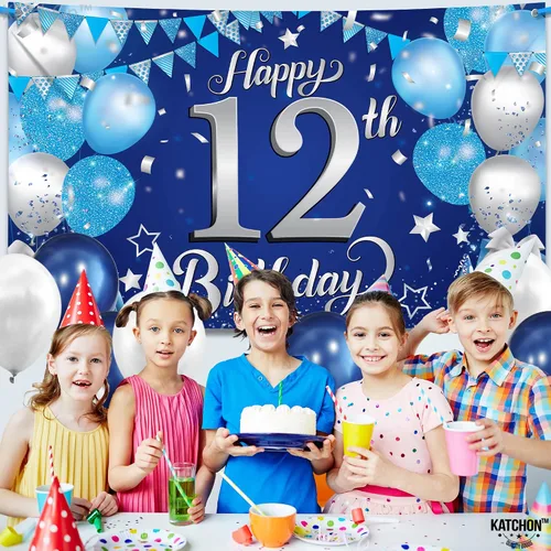 Vista 5 de KatchOn, Cartel de feliz cumpleaños número 12, 72 x 44 pulgadas, decoración de fiesta de feliz cumpleaños número 12 azul y plateado para niños