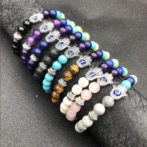 Vista 7 de BOMAIL Juego de 2 a 9 pulseras de mal de ojo Hamsa con piedras preciosas de lava de 7 chakras, pulseras de piedras de lava con dije de Hamsa de ojo