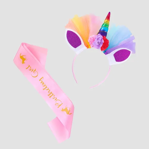 Vista 5 de Doctor Unicorn Conjunto de cumpleaños para niñas, vestido con falda de tutú, camiseta de unicornio, diadema y banda de satén