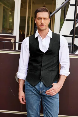 Vista 2 de COOFANDY Chaleco de traje de cuero de gamuza para hombre, chaleco occidental casual, chaleco ajustado