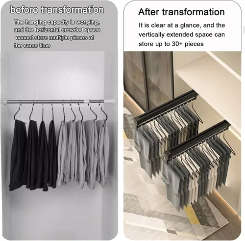 Vista 6 de Barra de valet deslizante retráctil, Rodamiento de 55.1 lbs Barra de armario extraíble, Estante organizador de pantalones de aleación de aluminio