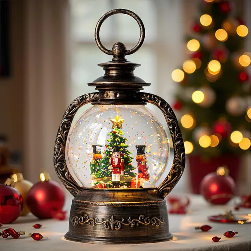 Vista 19 de Globo de nieve de Navidad con agua brillante de muñeco de nieve con música y temporizador, linterna iluminada con pilas para regalos de decoración