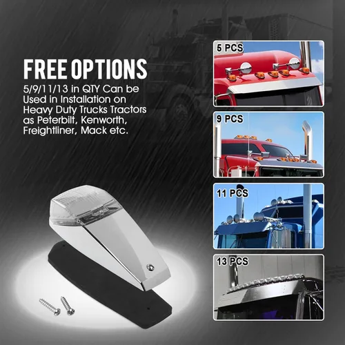 Vista 7 de Partsam 10 luces LED ámbar de cabina de 31 luces LED para techo superior con base cromada compatible con Peterbilt/Freightliner/Western