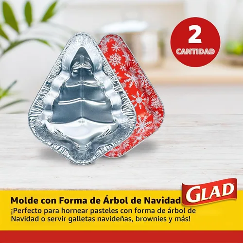 Vista 2 de Glad Holiday Edition Moldes de Aluminio para Hornear con Forma de Árbol de Navidad con Patrón de Copos de Nieve Rojos y Blancos, Moldes Desechables