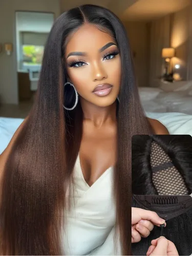 Vista 11 de Nadula Bye Bye Knots Yaki - Peluca de cabello humano lacio sin pegamento con cordón elástico precortado, nudos invisibles de 7 x 5 pulgadas, encaje