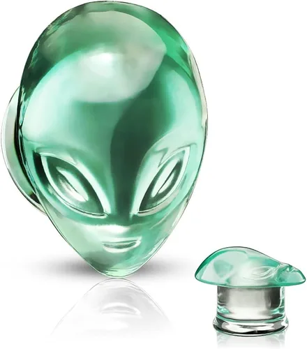 Vista 2 de Pierced Owl - Enchufes acampanados dobles de cabeza alienígena verde, se venden por par