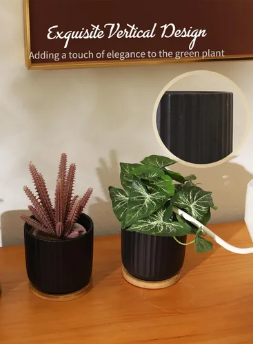 Vista 6 de Macetas pequeñas de 4 pulgadas para interiores, maceta de cerámica con orificio de drenaje y bandeja, maceta moderna con patrón vertical