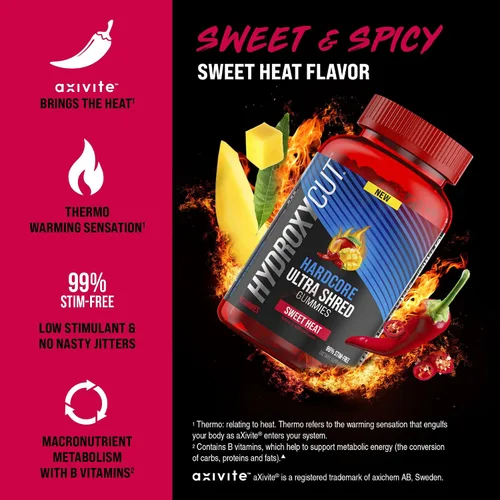 Vista 3 de Hydroxycut Hardcore Ultra Shred Gomitas, Sweet Heat - 99% libre de estimulantes - Incluye capsaicina y vitaminas B - Para mujeres y hombres