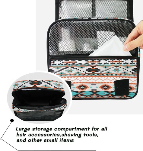 Vista 3 de Bolsa de aseo étnica azteca colgante, bolsa de cosméticos de viaje geométrica, bolsa organizadora de maquillaje, bolsa de lavado portátil con gancho
