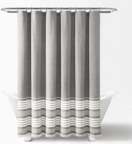 Vista 2 de Lush Decor - Cortina de regadera de borlas de algodón teñido en hilado Nantucket, 72" de ancho x 72" de largo, gris - Cortinas de regadera grises