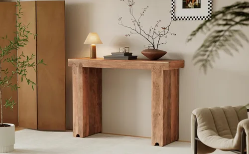 Vista 4 de Mesa consola de madera de 45 pulgadas para mesa de entrada, consola minimalista estrecha retro de granja con madera de mango maciza, mesas de sofá