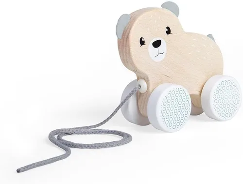 Vista 4 de Bigjigs Toys Juguete de oso certificado FSC – Oso de madera ecológico con orejas y cola de fieltro y cable de tracción gris, juguetes de calidad