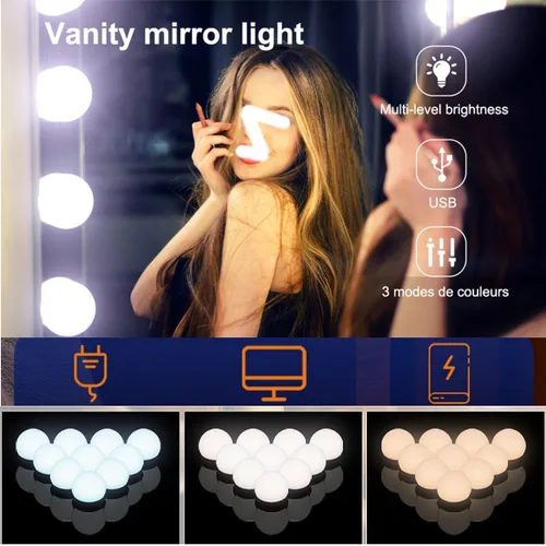 Vista 7 de Luces de espejo regulables, luces LED estilo Hollywood con 10 bombillas, luces de tocador alimentadas por USB para espejo, tocador, dormitorio