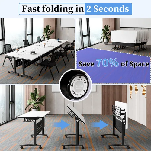 Vista 5 de Mesa de conferencias plegable con ruedas, mesa modular para sala de conferencias con 2 ojales para cables, mesas móviles de sala de reuniones