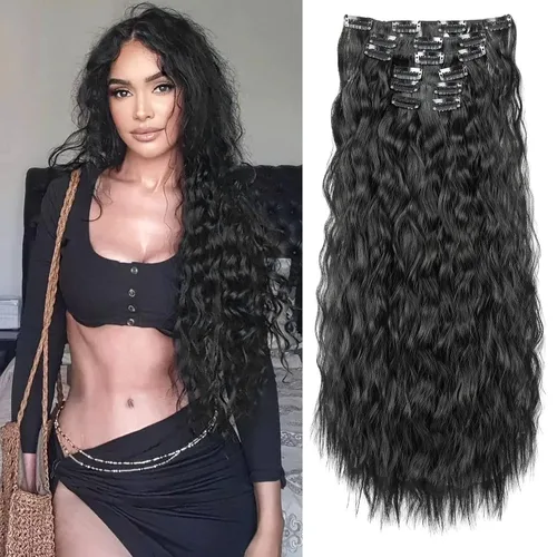Vista 14 de Flufymooz - Extensiones de cabello con clip, 6 unidades, extensiones de cabello largas con ondas de sirena, sintético, postizo para mujer, 24 Marrón