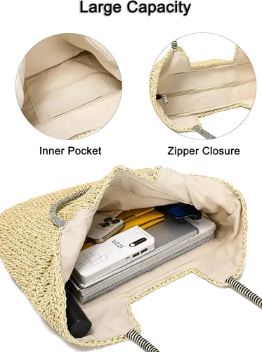 Vista 5 de Rejolly Bolso de mano de paja para mujer, para playa, verano, vacaciones, estilo bohemio, de ratán, bolso grande de hombro tejido