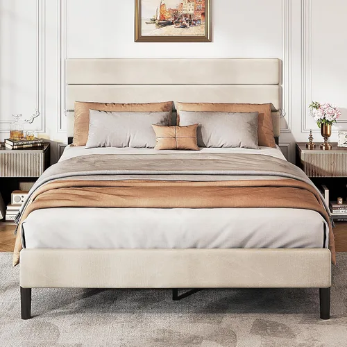 Vista 9 de WLIVE Base de cama tapizada, marcos de cama individual con cabecero, cama de plataforma con listones de madera, base de colchón de 600 libras,