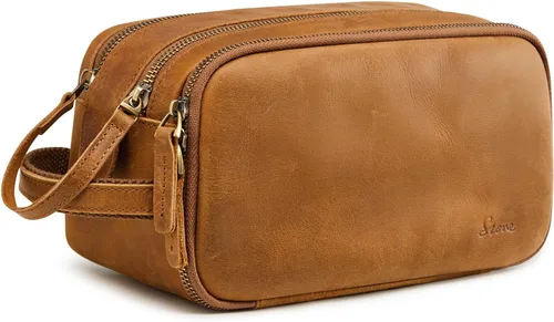 Vista 8 de S-ZONE - Neceser de viaje de cuero para hombres y mujeres, bolsas de afeitar cosméticas Marrón oscuro