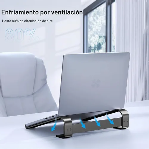 Vista 4 de MOKURU Elevador de computadora portátil para escritorio, soporte ergonómico de aluminio para refrigeración de laptop, compatible con MacBook Negro