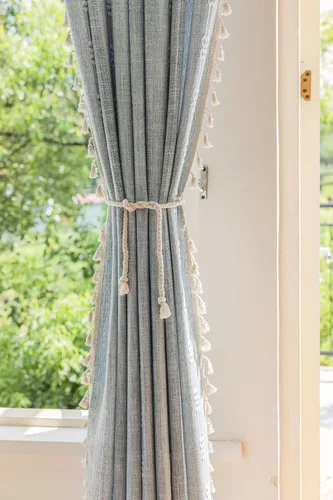 Vista 5 de 2 paneles de cortinas de lino semiopacas para ventana, bohemias y rústicas, con rayas bordadas y bolsillo para cortinero, para sala de estar