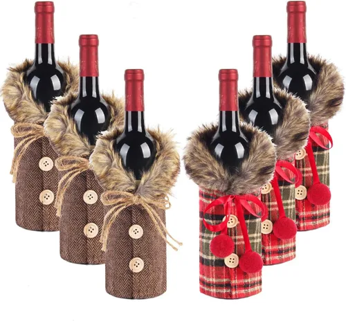 Vista 9 de Tanlee 4 fundas de suéter de Navidad a cuadros para botellas de vino con cuello de piel sintética y diseño de capa de botón para decoraciones