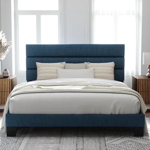 Vista 25 de Allewie Base de cama de plataforma de tamaño individual con cabecera tapizada de tela y soporte de listones de madera, base de colchón totalmente