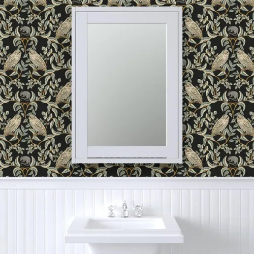 Vista 9 de Muestro de papel tapiz extraíble – Little Owl Damask William Morris Farmhouse Arts and Crafts Birds of Rapy, papel tapiz de transición verde suave