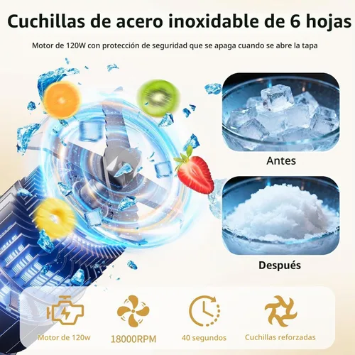 Vista 5 de Licuadora portátil con vaso aislado al vacío, licuadora personal recargable inalámbrica de 20 onzas, botella de mezcla de acero inoxidable de 120 W