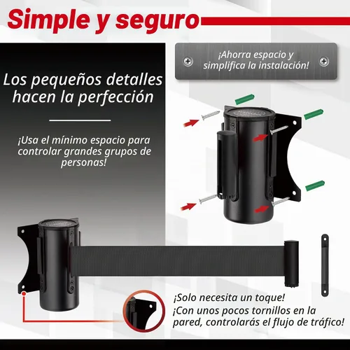 Vista 5 de DuraSteel Barrera retráctil para cinturón de control de multitudes de montaje en pared, cinturón de barrera retráctil negro de 9.2 pies, barreras