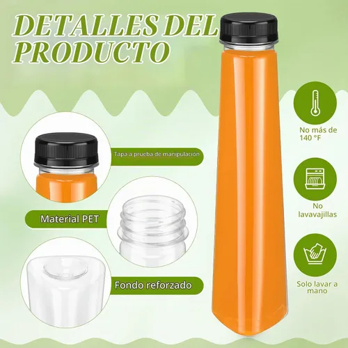 Vista 3 de Tanlade Paquete de 50 botellas de plástico para jugos de 12 onzas, botellas transparentes para bebidas con tapas a prueba de manipulaciones Negro
