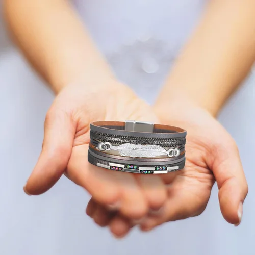 Vista 4 de Reloj despertador múltiple estilo bohemio, pulsera de hojas con cierre magnético colorido trenzado multicapa, aretes de plata 925 para mujer