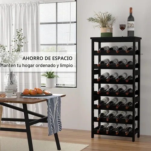 Vista 7 de Estante de vino para 28 botellas, de madera maciza, 7 niveles, con mesa, soporte para botellas sin tambaleo para bodega, cocina, bar, comedor, sala