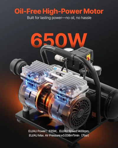 Vista 2 de VEVOR Compresor de aire, tanque de acero de 1 galón, compresor de aire libre de aceite de 1 HP 1.5 CFM a 90 PSI y presión máxima de 120 PSI