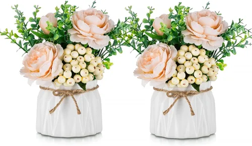 Vista 10 de BLOSMON Flores sintéticas en jarrón para decoración de mesa, 2 piezas, pequeñas, rosas rosadas