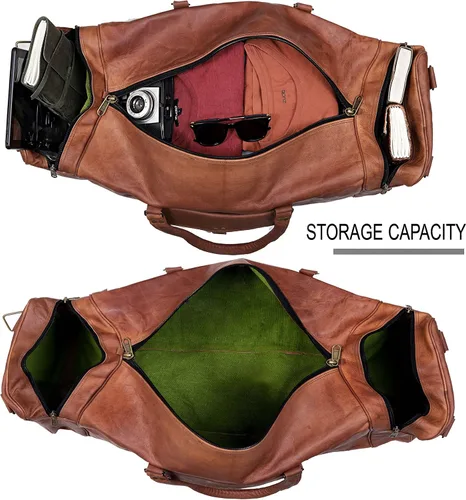Vista 8 de KK's - Bolsa de viaje de cuero vintage, hecha a mano, elegante y duradera, ideal para gimnasio, viajes, bolsa de viaje de cuero genuino, remaches