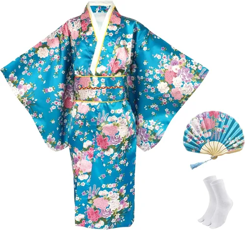 Vista 6 de Vestido kimono japonés para niñas, disfraz de anime, cosplay, Halloween, bata elegante Negro